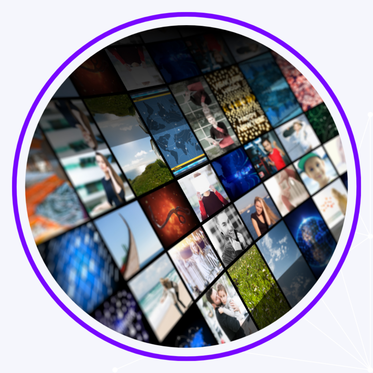 A circular image of tiles of videos with a purple outline.